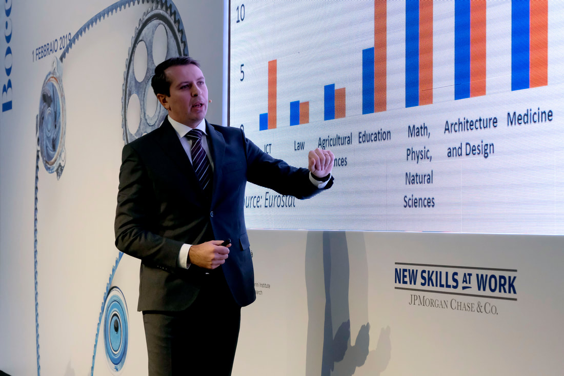 Massimo Anelli presenting a bar chart of fields of study at the New Skills at Work event